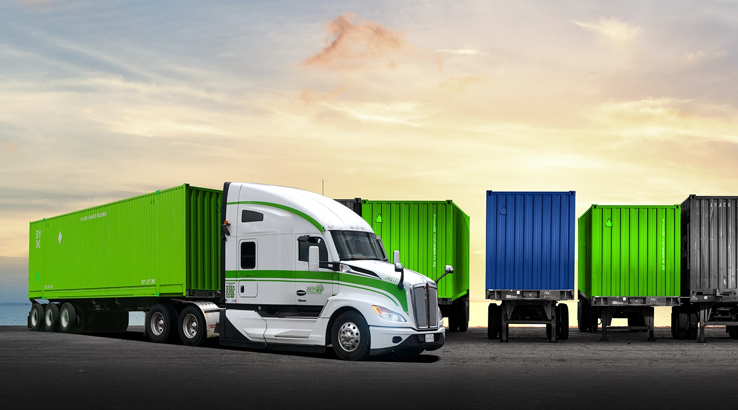 Seven Horses truck flatbed driving with intermodal container in front of parked containers