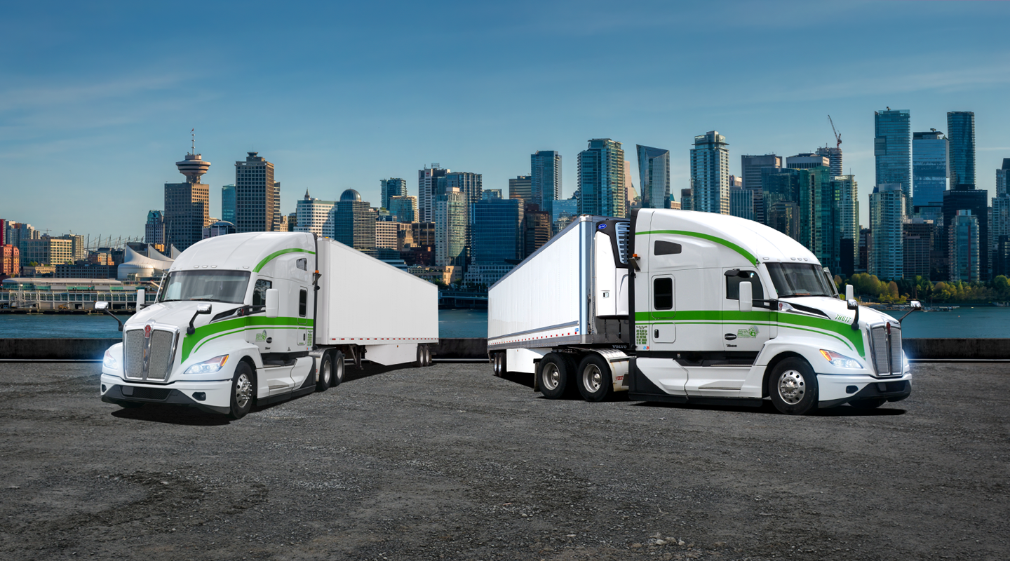 Seven Horses truck flatbed driving with intermodal container in front of parked containers
