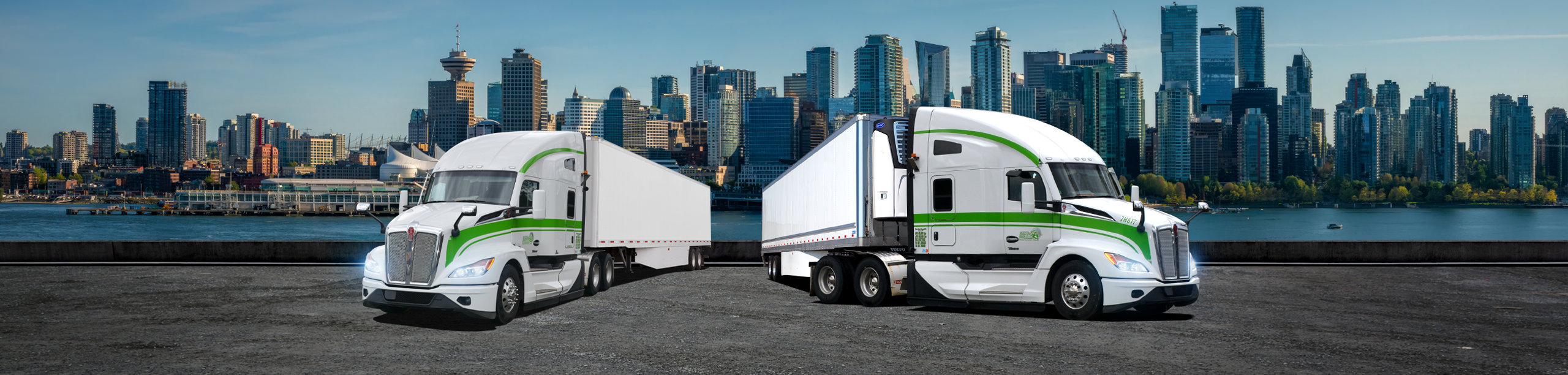 Seven Horses truck flatbed driving with intermodal container in front of parked containers