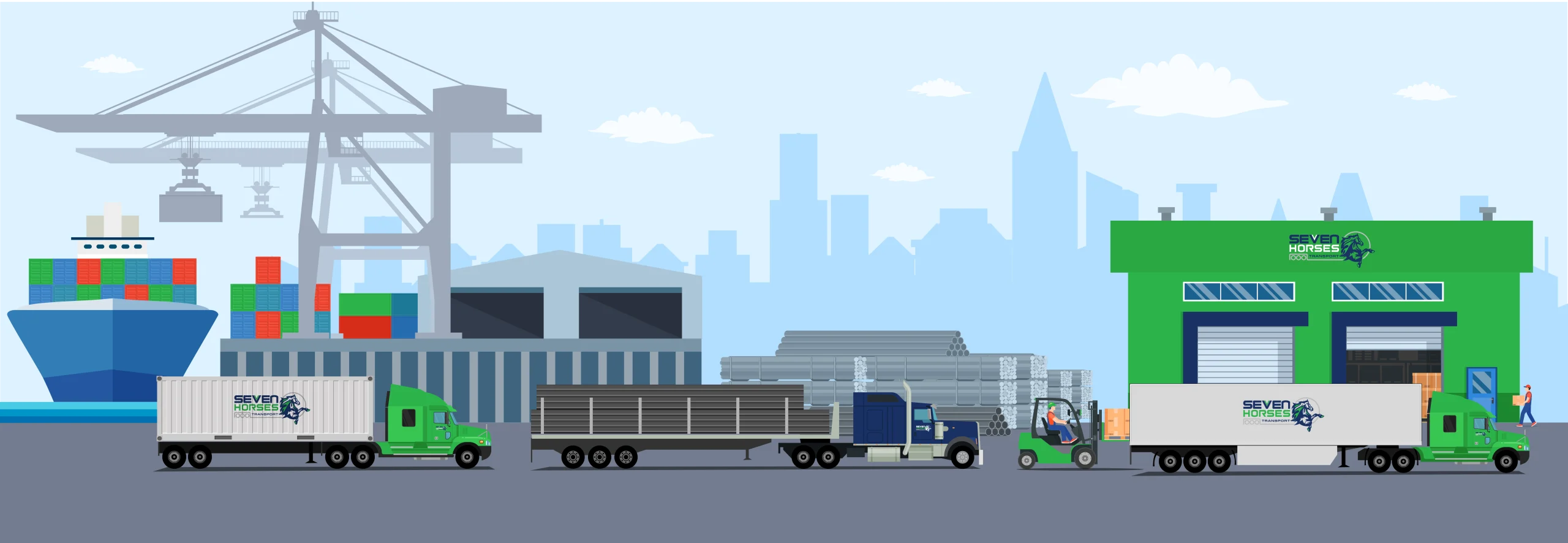 Illustration of Seven Horses container transport, specialized flatbed, dry van and yard & warehousing services