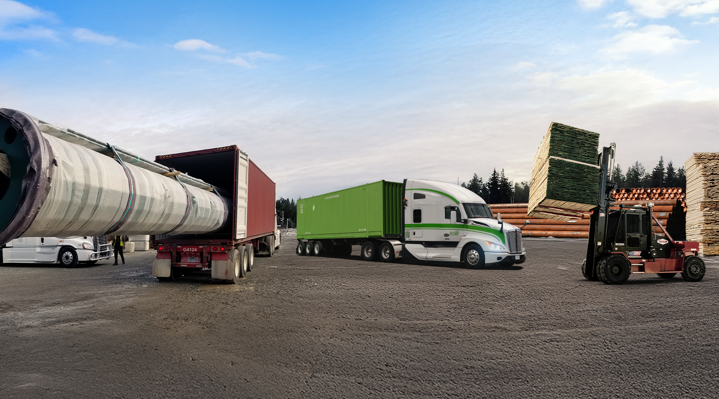 Seven Horses truck hauling container freight in storage yard where specialized project freight is being transloaded and forklifted