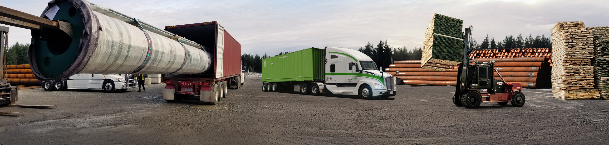Seven Horses truck hauling container freight in storage yard where specialized project freight is being transloaded and forklifted
